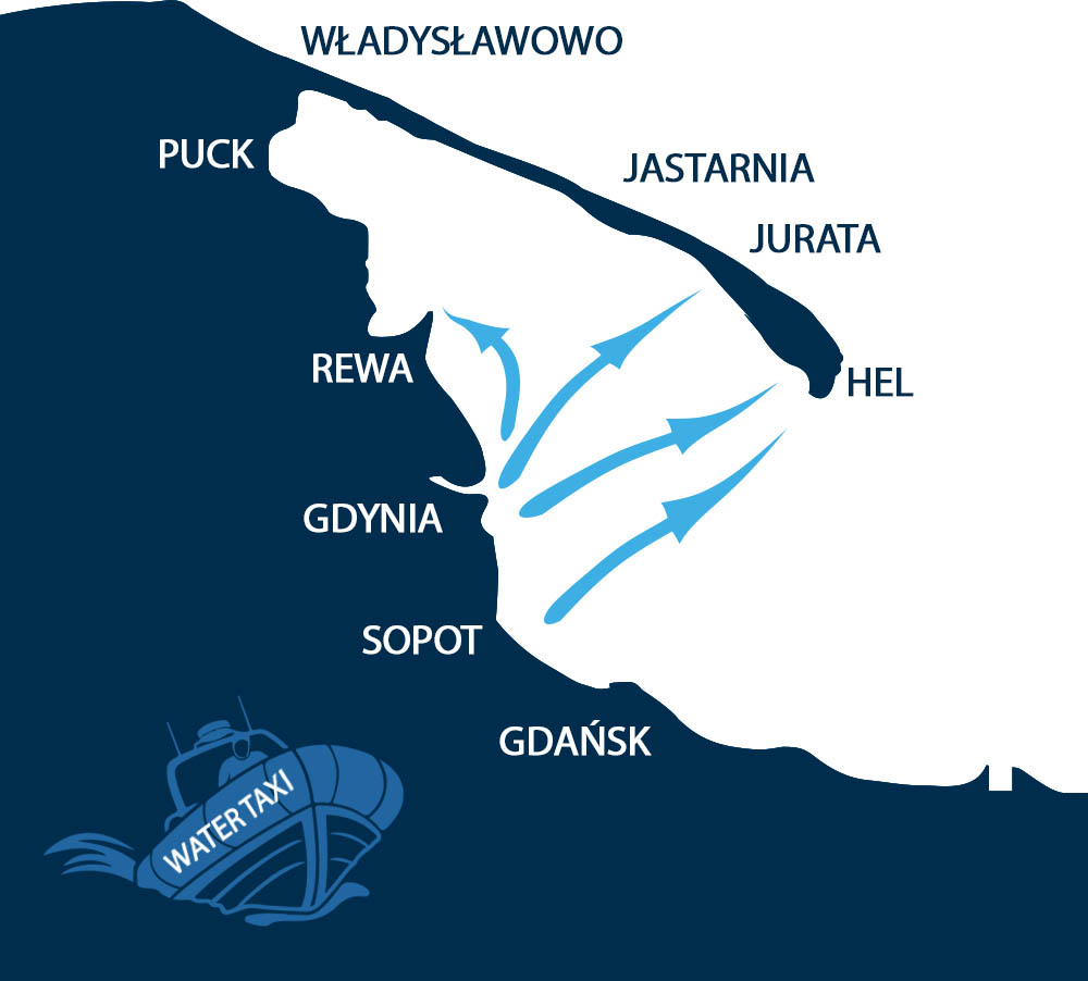 Mapa połączeń wodnego taxi z Sopotu na Półwysep Helski